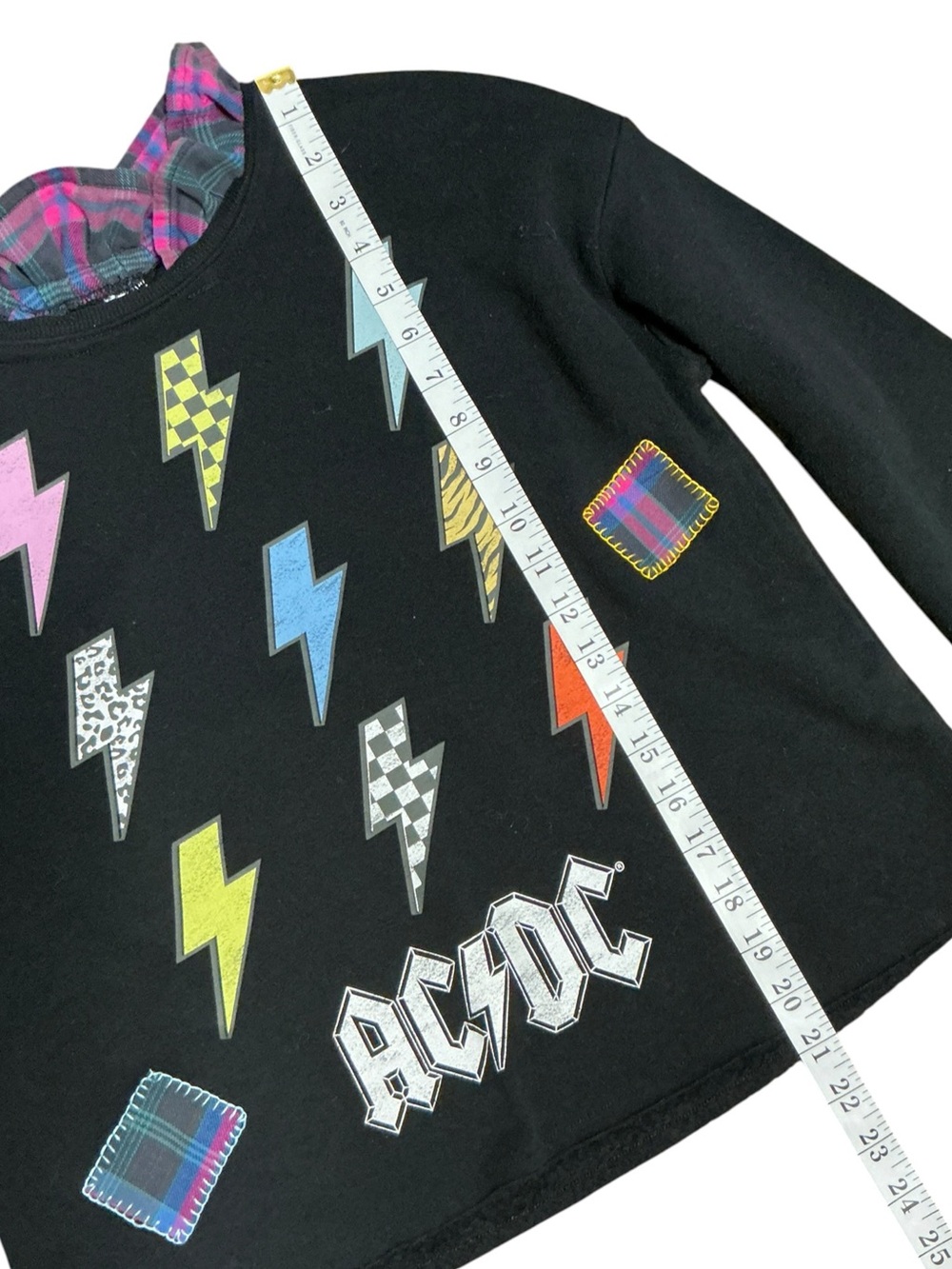 AC/DC Band Upcycled Sweatshirt Lightening Bolts Patches Blanket Stitching Grunge - Picture 12 of 13
